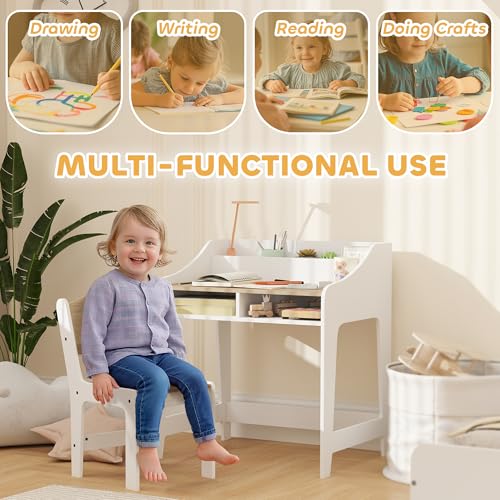 Qaba Kids Desk and Chair Set, Study Desk for Kids with Storage and Shelves, Wooden Children Writing Table for Bedroom, Natural Wood - Image 4