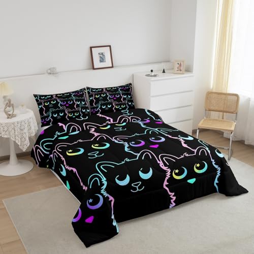 Image of Feelyou Kids Cat Bedding Sets King Size,Gradient Line Cute Cat Comforter Set for Teens Boys Girls Adults Kawaii Animal Home Decor, All Season,2 Pillow Cases,Black