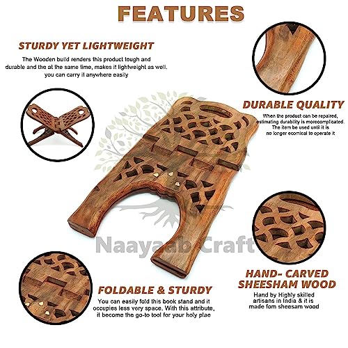 Image of Naayaab Craft Handmade & Handcraft Sheesham Wooden Book Holder Display Stand | Folding Religious Prayer Free Reading Stand with Intricate Carvings| Rehal for Religious Holy Books - Size 13 inch