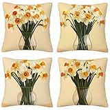 Funda Cojin 60x60cm, 4 Piezas Fundas de Cojines Amarillo Crema, Impresión a Doble Cara, Súper Suave Cuadrado Fundas Cojines Flor para Sofa con Cremallera Invisible para Decoracion Hogar Regalos F-68