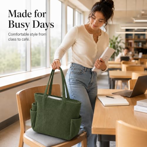 Image of Kawn Korean Tote Bag Aesthetic Corduroy Canvas Handbag for Women Zipper Casual Large Capacity Shoulder Bag with Pockets Versatile Everyday use for College Work Travel & Shopping