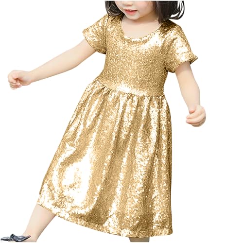 Kids Girls Sequin Dress Short Sleeve Sparkly Casual Loose Crewneck Summer A-line Dresses Cute Babydoll Party Gowns