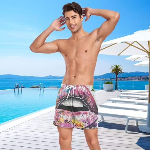 Mens Swim Trunks with Liner, Giraffiti Lip White Cool Quick Dry Beach Swim Shorts, Swimwear Bathing Suits S4