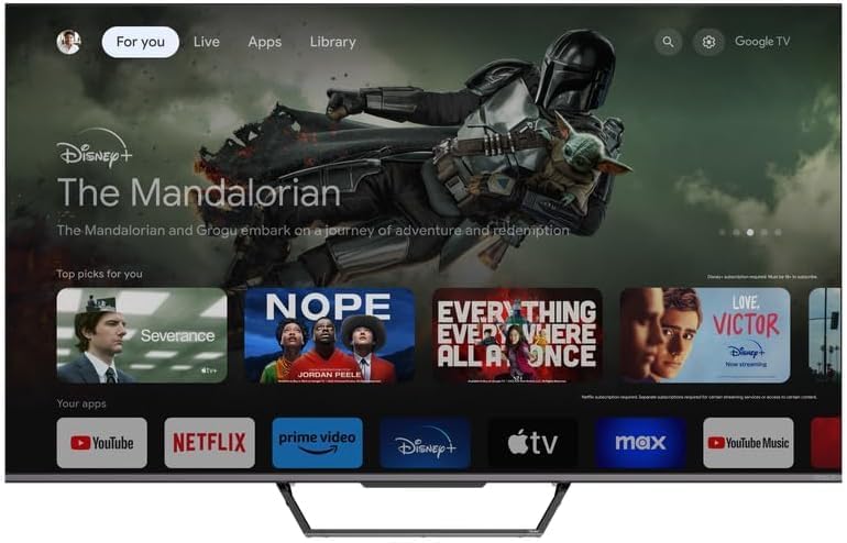 Google TV interface showing various streaming app icons and content recommendations.