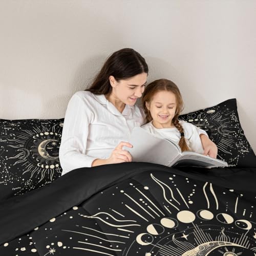 Image of Feelyou Sun and Moon Printed Comforter Set Boho Exotic Decor Bedding Set for Kids Boys Girls Galaxy Astrology Comforter Bohemian Gray Black Soft Quilt Set with 2 Pillowcases 3Pcs Bedding King