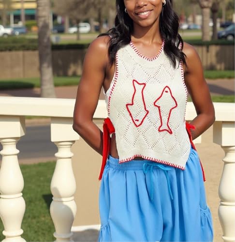 Image of Women Graphic Sweater Vest Y2k Sleeveless Lobster Pullover Top Crew Neck Lightweight Fall Knit Tank Top