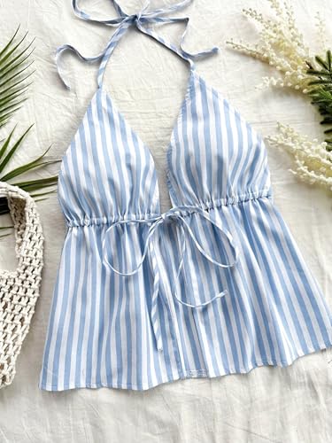 Image of Floerns Women's Striped Sleeveless Halter Tops Cute Tie Front Split Hem Camisole