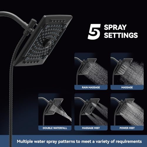 Image of ELLO&ALLO Rain Shower Head with Handheld Spray, Rainfall Shower Head Combo with 60 inch Hose, Adjustable Dual Showerhead Set with 3-Way Diverter, Matte Black