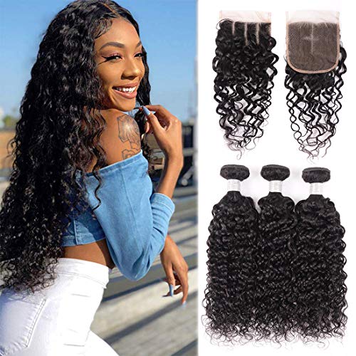 Brazilian Water Wave Bundles with Closure (12 14 16+12 inch) Water Wave Human Hair 3 Bundles With Closure Free Part Unprocessed Human Hair Weave Bundles Natural Color