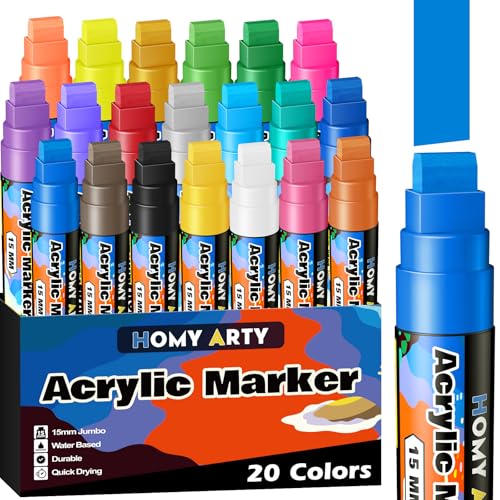 HOMY ARTY 15mm Acrylstifte Breit 20 Farben 3-in-1 Permanent Acrylfarben Stift Wasserfeste Farbstifte Stift für Steine Schilder Glas und Gemälde im Freien Schnelltrocknend Acrylstifte Dicke Spitze