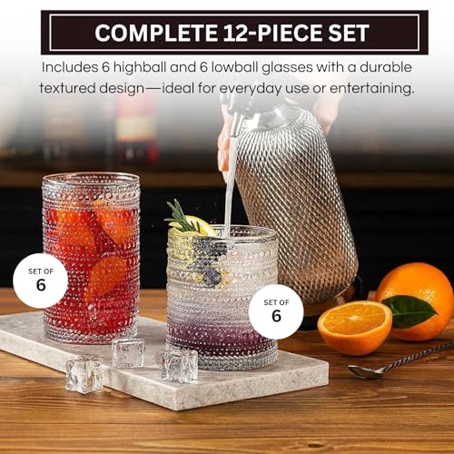 Image of Khen Vintage Hobnail Drinking Glasses Set of 12, 13oz Highball Glasses & 10 oz Lowball Tumblers, Kitchen Water Glasses Cup, Bar Water, Juice, Cocktails Beer, Milk Indoor /Outdoor Bar & Party Drinkware