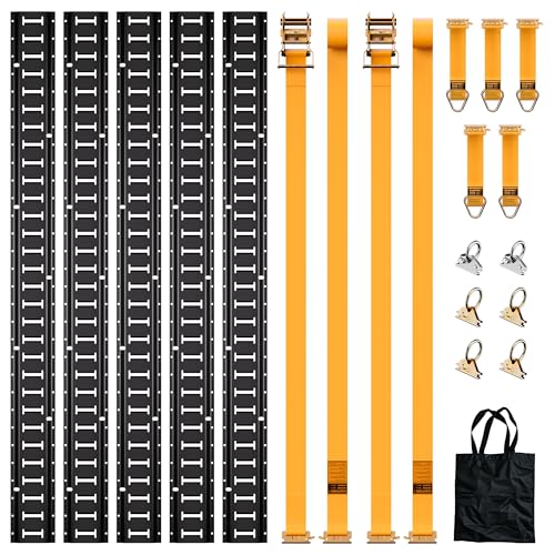20 Pièces E-Track Kit Rail d'Arrimage, Capacité de 998 kg, 5 Rails E-Track, 5 Attaches avec Anneau D, 4 Anneaux en O, 2 Anneaux en O Renforcés, 2 Sangles à Cliquet, Solution d'Arrimage pour Fourgon