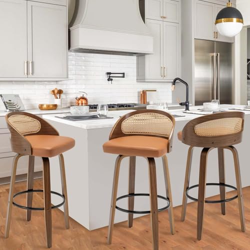 Image of 30 inch Swivel Rattan Bar Stools,Mid-Century Modern Faux Leather Upholstered Bar Height Stools Kitchen Island Barstool with Rattan Low Backrest,Walnut Wood Finish Bar Chairs,Orange PU,1PCS