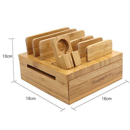 Icozzier Bamboo 5-Slot Removable Tablet Phone Stand Holder Desktop Cord Organizer Multi-Devices Docking Station For Smartphones,Tablets,Iwatch #TOP2