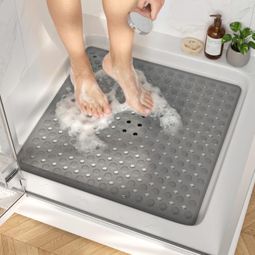 Image of HITSLAM Shower Mat Anti Slip, Square Bath Mat for Tub Non Slip with Suction Cups and Drain Holes, 21x21 Inch Bathroom Shower Stall Floor Mat, Machine Washable, Soft on Feet, Grey