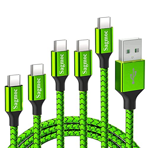 Type C Charger Cord Lime Green - Sagmoc Premium Shiny Nylon Braided Rapid Charging Cable 5 Pack 10FT 2x6FT 3FT 2FT for Samsung S10 S9 S8 Plus, Note 8, LG V30 G6 G5, Google Pixel, Nexus 6P 5X