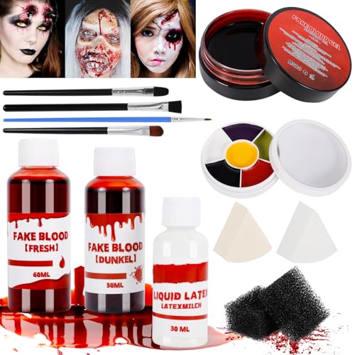 ZQEJEFD Halloween Kit de Sangre Falsa, Sangre Fresca Artificial,Latex Liquido,Sangre Coagulada,Pintura Cara de 6 Colores,Esponjas de Pintura,Kit de Maquillaje de Efectos Especiales para Halloween