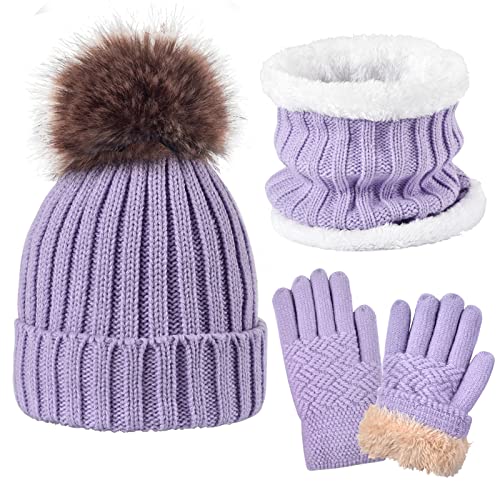 Kids Winter Knit Beanie Hat Scarf and Gloves Set for Girls Boys with Pompom