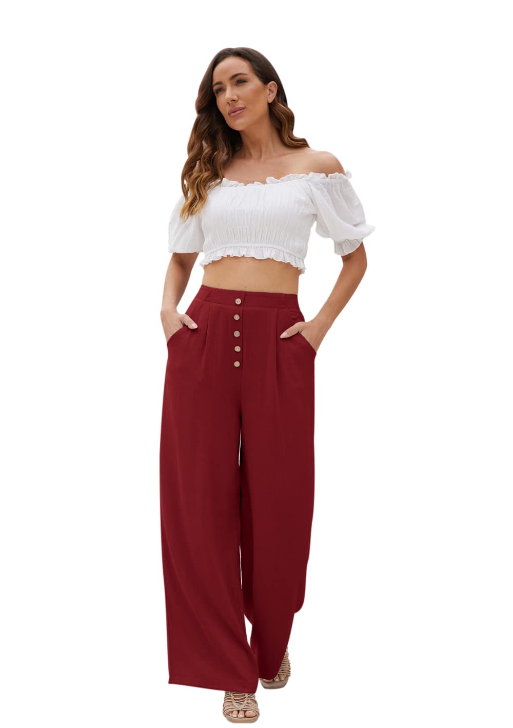 SVALIY Women Flowy Pants Cotton Linen Wide Leg Palazzo Pants Long Lounge Slacks High Waist Button Trousers Pocket