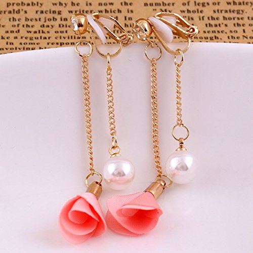 Grace Jun™ Handmade Frabic Flower Simulated Pearl Tassel Clip On Earrings No Pierced For Women Gold Platedear Clip (Pink) #TOP5