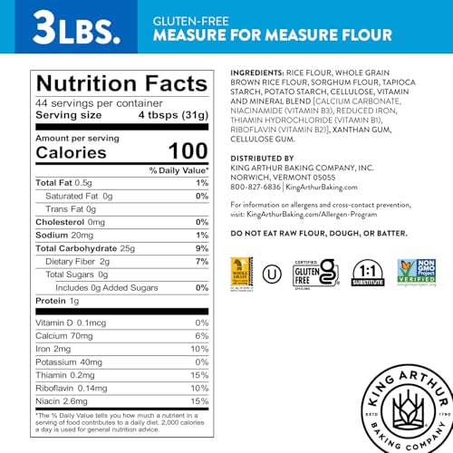 Image of King Arthur Measure for Measure Gluten-Free Flour: All-Purpose 1:1 Substitute for Wheat Flour, Non-GMO, Kosher Certified, 3 lbs Bag for Baking Cookies, Cakes, Muffins