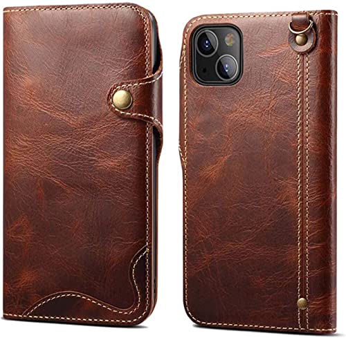 Étui en cuir de vache rétro pour iPhone 14, protection portefeuille haut de gamme marron 6.1"