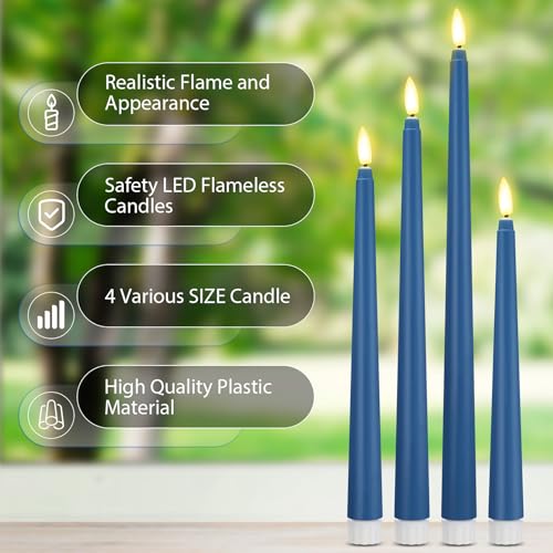 Image of Rossesay 24 Pcs Flameless LED Taper Candles Battery Operated Candle 8.5 inch, 9.65 inch, 10.8 inch, 12.8 inch Flameless Candlesticks Flickering for Christmas Church Wedding Indoor Decoration(Classic, Blue)
