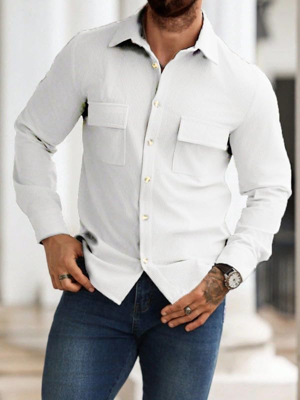 Image of Men Corduroy Casual Jacket Full Sleeve Self Design Button Front with Spread Collar, Woven Cord Lining and Two Pockets for Casual Outings