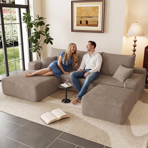 Image of 95 inch U-Shape Cloud Couch, Modern Modular Sectional L-Shape Sofa with Ottoman, Corduroy Upholstered Couches Deep Seat Sleeper Chaise Longue for Living Room, No Assembly Required(Camel, Left Facing)