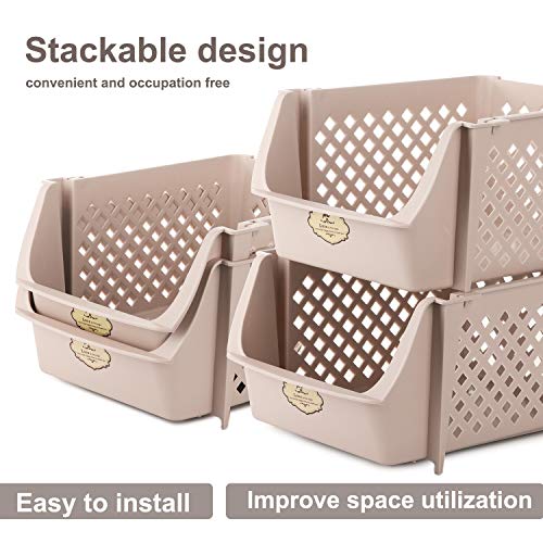 Titan Mall Stackable Storage Baskets for Food, Snacks, Bottles, Toys, Toiletries, Plastic Storage Baskets Set of 4, 15x10x7 Inch/bin, All Beige Color, Stackable Storage Bins for Space Saving