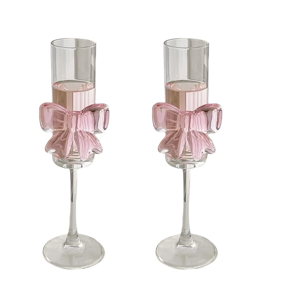 2 Stück Champagnerflöten, ultradünnes Champagnerglas mit rosa Schleife, 160 ml klares Weinglas mit hohen Füßen for Partys Getränkebecher