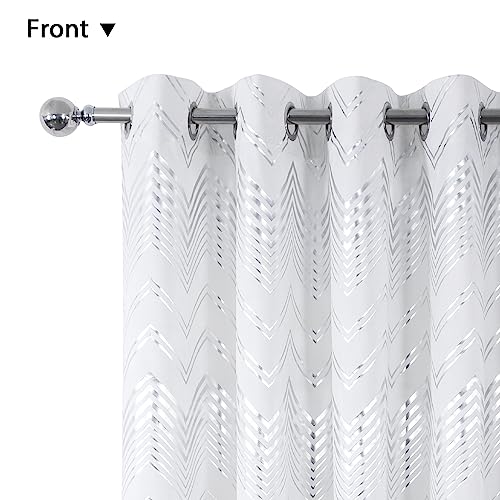 always4u 100% Blackout Curtains For Living Room Velvet Energy Efficiency Drapes Luxury Silver Line Foil Print Lined Window Treatments 2 Panels White 90 * 90 - Image 3
