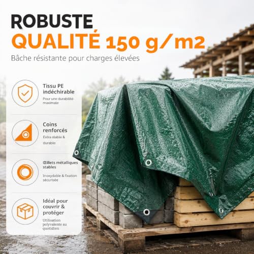 Bâche verte 2x2 m 200g/m² imperméable avec œillets pour extérieur