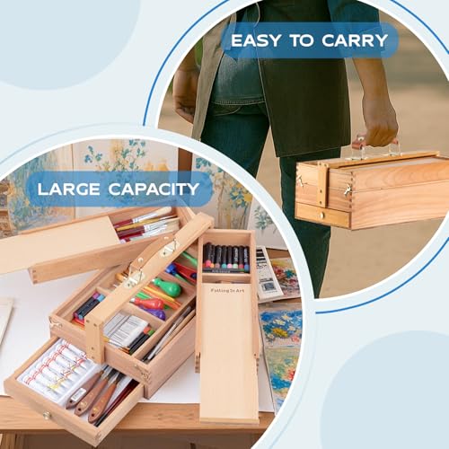 Image of Falling in Art Artist Supply Storage Box, Portable Beechwood Toolbox with Drawer, Three Layer Art Storage Tool Box for Paints, Brushes, Pastels, Pens, and Markers