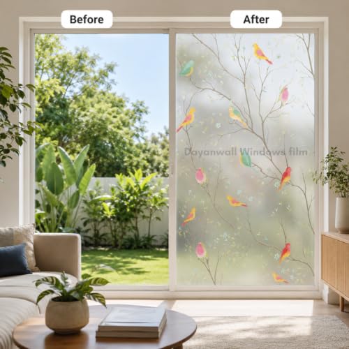 Image of Self Adhesive Window Privacy Film for Glass Windows & Doors | UV Blocking, Heat & Glare Reduction | Decorative Frosted Glass Film Easy to Apply (Bird with Frosted Background, 24X50 Inch)