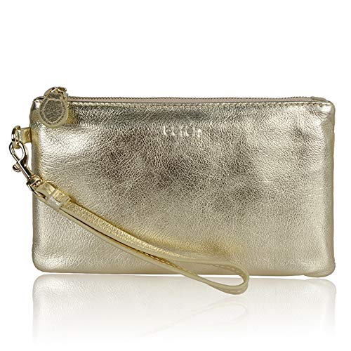 befen Women’s Genuine Italian Leather Wristlet Clutch Wallet Purse, Gold Zipper