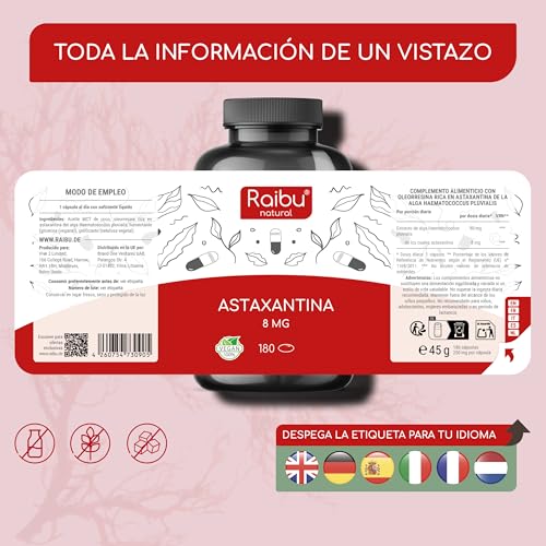 Miniatura 9 de Astaxantina Natural Pura - 80 Mg Equivalente A 8 Mg De Astaxantina Del Alga Haematococcus Pluvialis - 180 Cápsulas Veganas: 6 Meses De Suministro - Potente Antioxidante, Sin Estearato De Magnesio