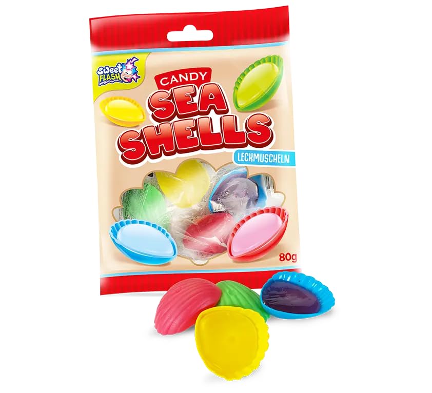 Schleckmuscheln (Leckmuscheln) Bunte Hartkaramellen in Muschelform 80g Beutel Süße Mitgebsel für Kindergeburtstag Party oder als Nascherei