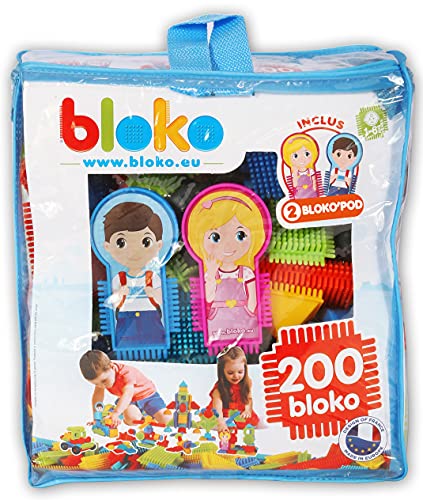 BLOKO – Sac de 200 BLOKO et 2 Figurines Famille – Dès 12 Mois – Fabriqué en Europe – Jouet de Construction 1er âge – 503508