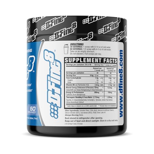 Image of Thermogenic Pre-Workout Energy Powder & Shredding Supplement, Boost Energy Mood & Focus, Sugar Free, Contains Senactiv, Endurance, 300mg Caffeine, N-Acetyl-L-Tyrosine (Bada Bing Blue Cherry)