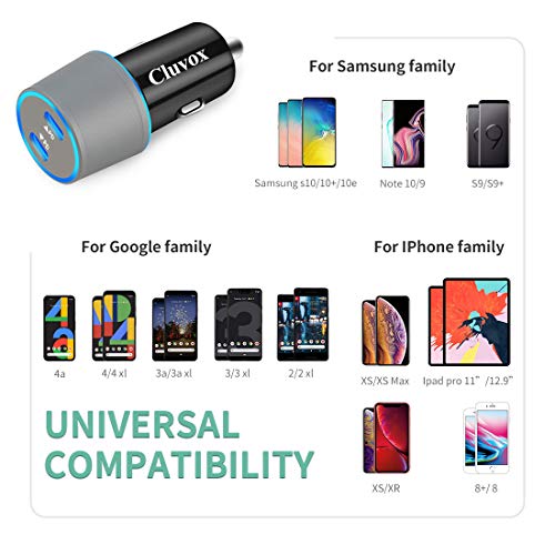 Cluvox-Dual-USB-C-Fast-Car-Charger-Compatible-for-Samsung-Galaxy-S10-PlusS10S10ES9A20A50A70Note-109-Google-Pixel-3a3a-XL3-XL2-XL-18W-Power-Delivery-Rapid-Car-Adapter-with-3FT-Type-C-Cord
