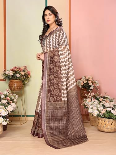 Image of Sidhidata Women's Cotton Linen Blend Lining Digital Printed Saree With Unstitched Blouse Piece (Linen Lining Saree)