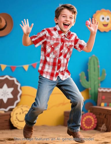 Image of COSLAND Boy's Toddler Cotton Western Short Sleeve Button Down Plaid Shirt, 4-14 Years