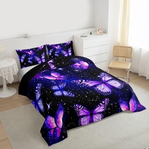 Image of Erosebridal Purple Butterflies King Size Comforter Set for Kids Teens Adults,Starry Sky Galaxy Bedding Sets,Dreamy Butterfly Duvet Insert,Neon Wildlife Quilt Bedroom Decor