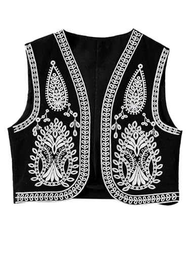OYOANGLE Women's Boho Embroidery Open Front Vest Sleeveless V Neck Western Waistcoat Outerwear