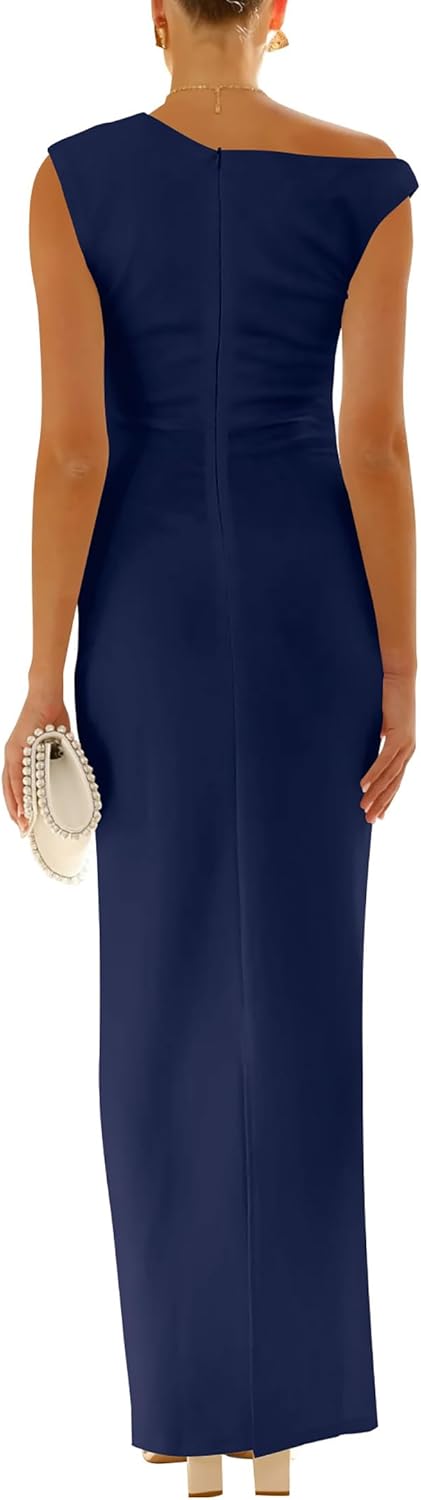 Nova In Sky Womens Summer One Shoulder Party Cocktail Bodycon Maxi Dress Sleeveless Ruched Slit Formal Wedding Guest Dresses - Image 5