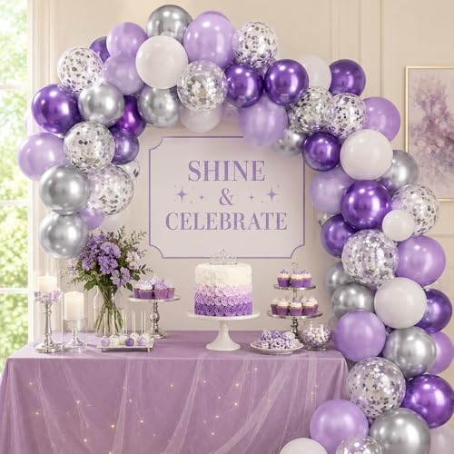Image of Purple and Silver Balloons 60PCS Pastel Purple Balloons, 12 Inch Metallic Silver Confetti and White Latex Balloon for Girls Women Birthday Wedding Baby Shower Bridal Shower Graduation Party Decor