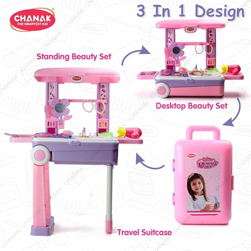 Image of Chanak Beauty Set Suitcase on Wheel - Ultimate Makeup Kit for Girls, Easy to Clean & Use, Portable with 23 Pieces, 3 Years BIS Approved (Trolley)