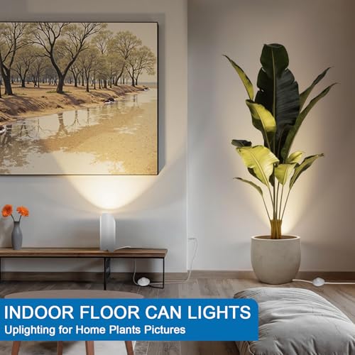 Image of 2 Pack Up Lights Indoor, 6W 3000K Warm White Uplighting Indoor Floor Can Light with GU10 Bulb, Indoor Floor Spotlight for Plants, Wall & Artwork, Plug Cord & Foot Switch, White