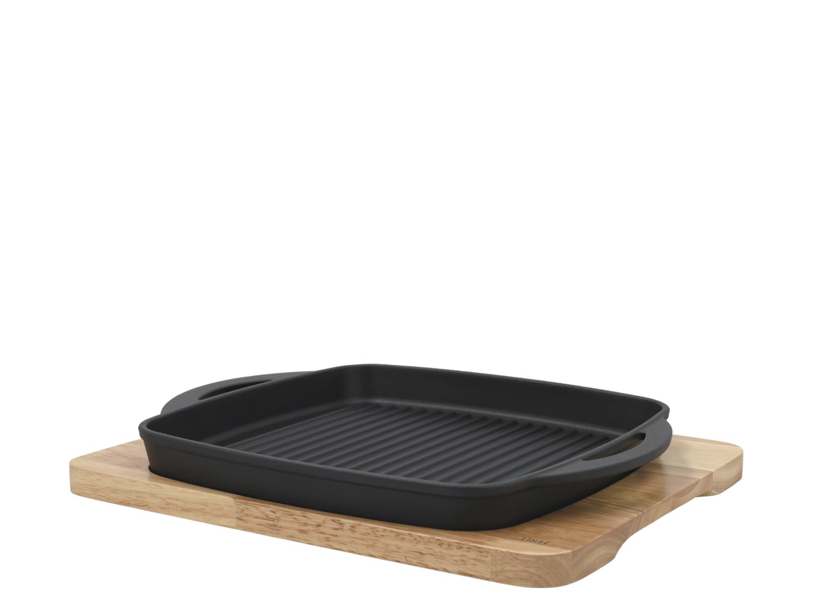 H&H Piastra da Portata in Ghisa Rigata 27 cm con Sottopiatto in Legno Chiaro, Riscaldabile in Forno, Compatibile con Induzione, Vetroceramica e Tutti i Piani Cottura